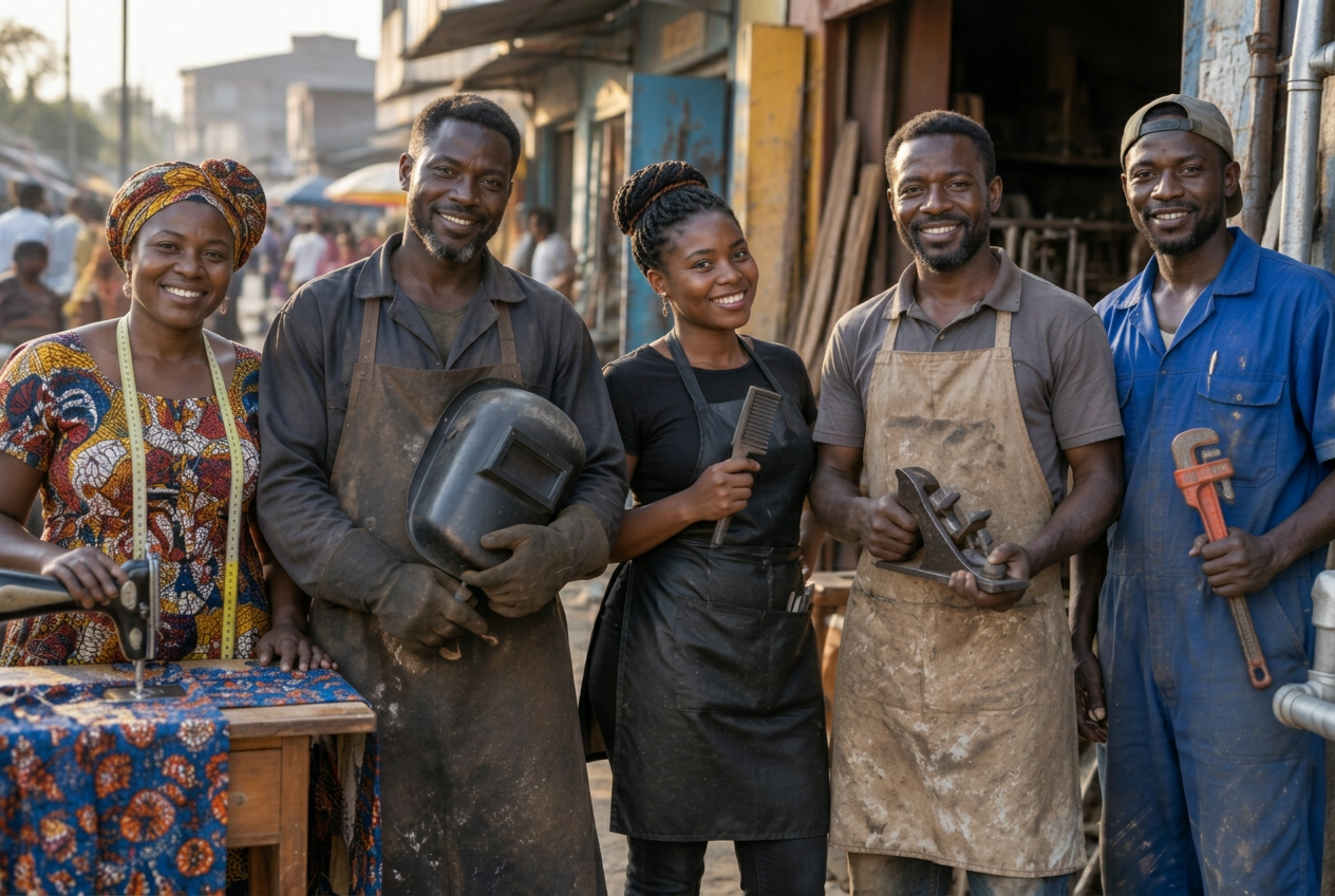 Ghanaian artisans — a tailor, welder, hairdresser, carpenter and plumber — standing together outside their workshops