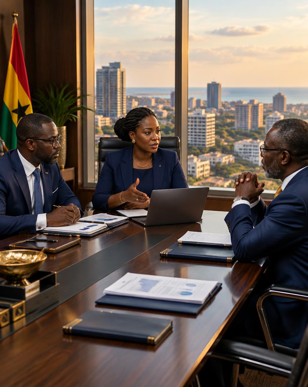 GMBS board of directors in a boardroom meeting overlooking Accra