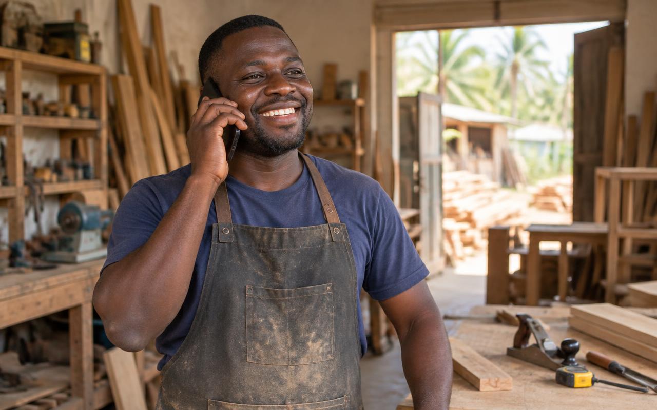 A Ghanaian artisan in his workshop, smiling while talking on his phone