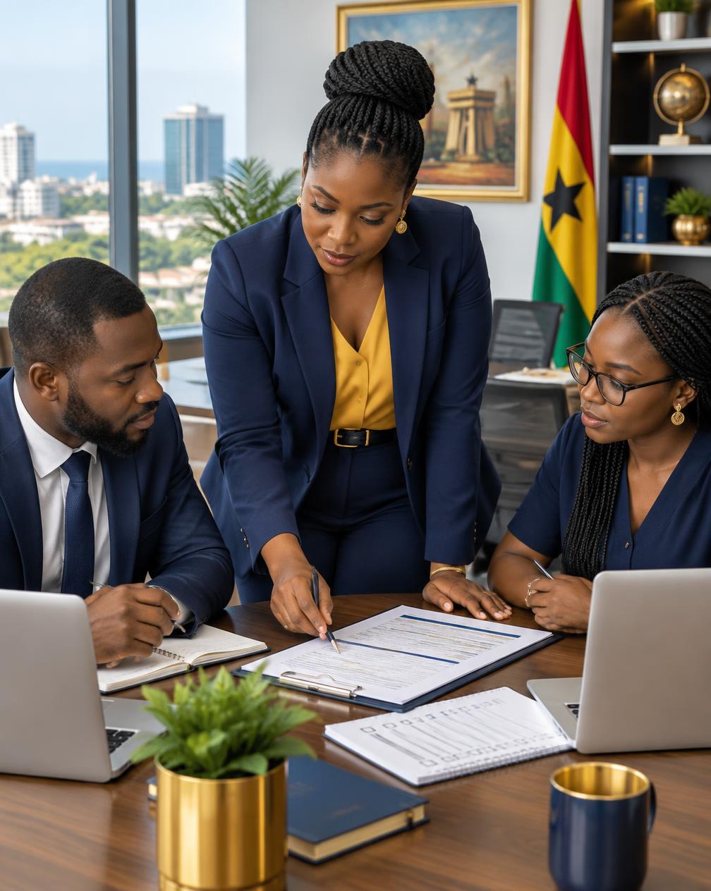 GMBS management team reviewing plans together in an Accra office
