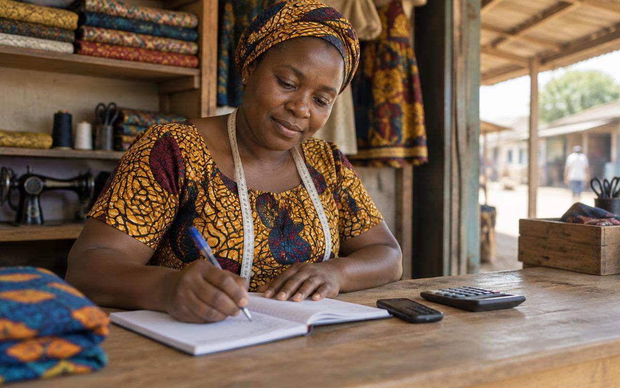 A Ghanaian artisan writing her business figures in a book at the counter of her workshop